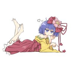 Rule 34 | bare legs, barefoot, blunt bangs, bowl cut, closed mouth, frilled skirt, frills, green skirt, hair ornament, hakama, heart, hieda no akyuu, highres, japanese clothes, jitome, kimono, leg up, lying, off shoulder, on side, on stomach, pointing, primsla, purple eyes, purple hair, red hakama, red ribbon, red skirt, ribbon, skirt, smile, tassel, the pose, toes, touhou, white background, yellow kimono, yellow skirt