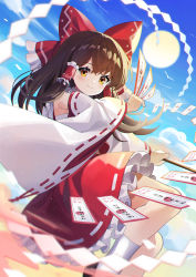 Rule 34 | 1girl, absurdres, arm up, bare shoulders, between fingers, blue sky, bow, brown eyes, brown hair, closed mouth, day, detached sleeves, feet out of frame, flying, gohei, hair between eyes, hair bow, hair tubes, hakurei reimu, hand up, highres, holding, long hair, long sleeves, looking at viewer, medium hair, ofuda, ofuda between fingers, outdoors, red bow, red skirt, red vest, ribbon-trimmed sleeves, ribbon trim, sarashi, skirt, sky, smile, socks, solo, sun, touhou, vest, white sleeves, white socks, yellow eyes, yuujin (yuzinn333)