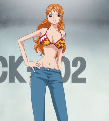 Rule 34 | 1girl, bikini, bikini top only, breasts, female focus, gradient background, hand on own hip, highres, long hair, nami (one piece), navel, one piece, orange hair, punk hazard, screencap, solo, standing, stitched, swimsuit, third-party edit