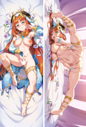 Rule 34 | 1girl, armlet, barefoot, blue skirt, blush, bottomless, bracer, breasts, brooch, censored, dakimakura (medium), fake horns, genshin impact, green eyes, hair ornament, harem outfit, highres, horns, jack-o&#039; challenge, jewelry, large breasts, long hair, long sleeves, looking at viewer, low twintails, miazi, multiple views, navel, neck ring, nilou (genshin impact), nipples, nude, puffy long sleeves, puffy sleeves, red hair, sidelocks, skirt, smile, split, spread legs, thighlet, twintails, unworn skirt, veil
