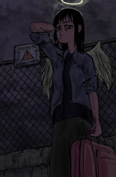 Rule 34 | 1girl, absurdres, angel, angel wings, bag, black hair, cigarette, cloud, cloudy sky, cold, concrete, confused, dark, denim, dronovbiotex, fence, gloom (expression), haibane renmei, halo, highres, holding, holding bag, japanese text, jeans, long skirt, looking at viewer, looking down, medium hair, night, night sky, pants, partially translated, railroad station, reki (haibane), russia, russian text, sad, sign, skinny, skirt, sky, smoke, smoking, standing, station, straight hair, tall female, translation request, warning sign, wings