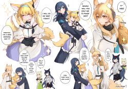 Rule 34 | 5girls, absurdres, animal ears, arknights, arya melati, bare shoulders, black coat, black gloves, black hair, blaze (arknights), blonde hair, blue eyes, braid, braided hair rings, cat ears, cat girl, cat tail, closed mouth, coat, colored tips, commentary, doctor (arknights), dress, earpiece, english commentary, english text, female doctor (arknights), fox ears, fox girl, fox tail, gloves, green eyes, green hair, grin, hair rings, highres, horse ears, horse girl, horse tail, kal&#039;tsit (arknights), kitsune, kyuubi, long hair, long sleeves, lynx ears, lynx girl, multicolored hair, multiple girls, multiple tails, nearl (arknights), nearl the radiant knight (arknights), no mouth, open mouth, orange eyes, own hands together, parted lips, purple dress, short hair, smile, speech bubble, suzuran (arknights), tail, teeth, twin braids, very long hair, white hair