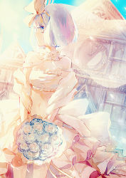 Rule 34 | 1girl, artist name, bare shoulders, blue eyes, blue flower, blue rose, bouquet, bow, clock, dress, female focus, flower, hair ribbon, hairband, konpaku youmu, leclle, looking away, looking to the side, profile, ribbon, rose, short hair, silver hair, solo, touhou, veil, wedding dress, white bow, white hairband, white ribbon