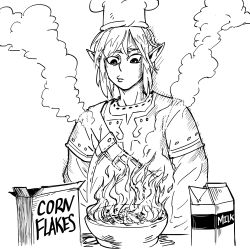 Rule 34 | 1boy, bad id, bb (baalbuddy), belt, bowl, burning, chef hat, corn flakes, failure, fire, fire, greyscale, hat, highres, inactive account, layered sleeves, link, long sleeves, looking down, male focus, medium hair, milk, milk carton, monochrome, nintendo, parody, pointy ears, short over long sleeves, short sleeves, simple background, smoke, solo, the legend of zelda, the simpsons, white background