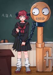 Rule 34 | a.b.a, chain, guilty gear, guilty gear xx, hair ornament, key, key in head, object through head, oushiza towel, paracelsus (guilty gear), pleated skirt, red hair, school uniform, serafuku, short hair, skirt, stitched mouth, stitches
