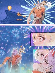 Rule 34 | !, !!, !?, 1boy, 1girl, :o, ?, ??, @ @, aerial fireworks, aoiabyss, arataki itto, bare shoulders, blonde hair, blush, body markings, bodypaint, breasts, carrying, choker, cleavage, facepaint, fireworks, fish, full body, genshin impact, hair between eyes, hair ornament, heart, highres, holding, horns, japanese clothes, jellyfish, jewelry, kimono, long hair, long sleeves, looking up, medium breasts, mermaid, monster girl, multicolored hair, night, night sky, obi, oni, oni horns, open mouth, orange kimono, partially underwater shot, ponytail, princess carry, red choker, red eyes, red hair, sash, short hair, sky, smile, solo, sparkle, star (symbol), swimming, water, white hair, wide sleeves, yellow eyes, yoimiya (genshin impact)