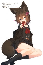 Rule 34 | 1girl, absurdres, ahoge, animal ear fluff, animal ears, belt, belt buckle, black belt, black bow, black footwear, black sailor collar, black serafuku, black shirt, black skirt, black socks, bow, brown hair, buckle, cellphone, closed mouth, commentary request, coreytaiyo, dated, fox ears, fox girl, fox tail, hair between eyes, hair ornament, highres, holding, holding phone, original, phone, pleated skirt, purple eyes, sailor collar, school uniform, serafuku, shirt, shoes, signature, simple background, skirt, smile, socks, solo, tail, translation request, white background