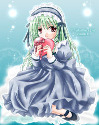 Rule 34 | 00s, 1girl, alternate costume, character name, dress, galaxy angel, green hair, heart, long hair, looking at viewer, puffy sleeves, red eyes, sitting, smile, solo, valentine, vanilla h