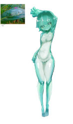 Rule 34 | 1girl, breasts, colored skin, female focus, frog girl, full body, green eyes, green hair, green skin, highres, monster girl, my700, no nipples, nude, original, pussy, reference photo, shiny skin, short hair, simple background, solo, standing, white background