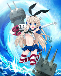 Rule 34 | 10s, 1girl, anchor, anchor hair ornament, armpits, blonde hair, blue eyes, crop top, crop top overhang, elbow gloves, gloves, hair ornament, innertube, kantai collection, long hair, looking at viewer, maru (sw1tch), midriff, navel, ocean, panties, personification, rensouhou-chan, shimakaze (kancolle), solo, striped clothes, striped thighhighs, swim ring, thighhighs, underwear, water, waves