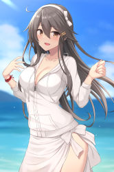 Rule 34 | 1girl, absurdres, akahi242, black hair, blurry, blurry background, blush, breasts, brown eyes, cleavage, collarbone, cowboy shot, day, hair between eyes, hair ornament, hairband, hairclip, haruna (kancolle), highres, jacket, kantai collection, large breasts, long hair, long sleeves, open mouth, outdoors, sarong, smile, solo, white hairband, white jacket, white sarong
