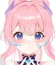 Rule 34 | 1girl, bare shoulders, blue choker, blue eyes, blue hair, blush, bow, bubble, choker, closed mouth, commentary, english commentary, genshin impact, gloves, hair between eyes, hair bow, highres, interlocked fingers, long hair, looking at viewer, multicolored hair, pink hair, portrait, sangonomiya kokomi, shaded face, sidelocks, solo, straight-on, streaked hair, tsuyuri eri, unfinished, water drop, white gloves