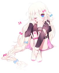 Rule 34 | 1girl, bad id, bad pixiv id, blue eyes, blush, bow, character name, gradient eyes, hair bow, hair ornament, hair ribbon, ia (vocaloid), long hair, looking at viewer, multicolored eyes, one eye closed, ribbon, simple background, sitting, solo, tears, uttao, vocaloid, white background, white hair, wink