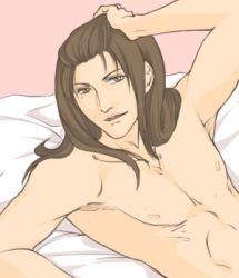 Rule 34 | 1boy, androgynous, bed sheet, ling tong, long hair, lowres, male focus, parted lips, shin sangoku musou, topless male, solo