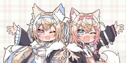 Rule 34 | 2girls, animal ear fluff, animal ears, blonde hair, blue eyes, blue hair, breasts, chibi, cleavage, collar, dog ears, dog girl, fang, fuwawa abyssgard, fuwawa abyssgard (1st costume), hair ornament, headphones, headphones around neck, highres, hololive, hololive english, kukie-nyan, large breasts, long hair, mococo abyssgard, mococo abyssgard (1st costume), multicolored hair, multiple girls, one eye closed, open mouth, pink eyes, pink hair, short hair, siblings, sisters, skin fang, streaked hair, twins, two side up, virtual youtuber