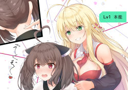 Rule 34 | 2girls, ahoge, antenna hair, bare shoulders, blonde hair, blouse, blush, bra, breasts, brown hair, cleavage, cleavage cutout, clenched teeth, clothing cutout, cross-section, detached sleeves, from behind, gameplay mechanics, green eyes, headgear, heart, heart ahoge, large breasts, long hair, long sleeves, looking at another, multiple girls, neck, necktie, red bra, red eyes, red neckwear, shirayume (shirayumetei), shirt, smile, teeth, touching another&#039;s neck, touhoku kiritan, translated, trembling, tsurumaki maki, underwear, voiceroid, white shirt, wide sleeves