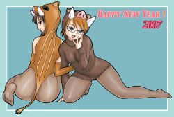 Rule 34 | 00s, 2007, 2girls, animal costume, ass, back, blue eyes, boar, boar (chinese zodiac), boar costume, border, brown hair, brown legwear, chinese zodiac, elbow gloves, feet, female focus, glasses, gloves, grey background, hand on own face, kneeling, legs, looking at viewer, looking back, multiple girls, new year, open mouth, original, pantyhose, pig snout, simple background, sitting, smile, sweater, tail, uraharukon