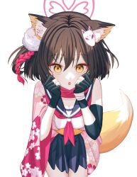 Rule 34 | 1girl, absurdres, animal ear fluff, animal ears, black gloves, blue archive, brown eyes, brown hair, fang, fox ears, fox girl, fox hair ornament, fox tail, gloves, hair between eyes, halo, highres, izuna (blue archive), looking at viewer, partially fingerless gloves, pleated skirt, reosroom, sailor collar, simple background, skirt, solo, surprised, tail, twintails, white background