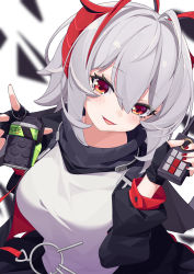 Rule 34 | 1girl, absurdres, ahoge, aiee, arknights, bad id, bad pixiv id, black gloves, black jacket, black scarf, blurry, blurry background, chinese commentary, controller, demon horns, detonator, explosive, fingerless gloves, gloves, grenade, grey hair, hair between eyes, highres, holding, holding grenade, holding remote control, horns, jacket, open clothes, open jacket, open mouth, red eyes, remote control, scarf, shirt, short hair, solo, upper body, w (arknights), white shirt