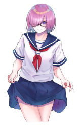 Rule 34 | 1girl, alternate costume, black skirt, blush, clothes lift, commentary request, cowboy shot, fate/grand order, fate (series), hair over one eye, lifting own clothes, light purple hair, looking at viewer, m.tokotsu, mash kyrielight, pleated skirt, purple eyes, sailor collar, school uniform, serafuku, shirt, short hair, short sleeves, simple background, skirt, skirt lift, smile, solo, white background, white shirt