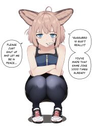 Rule 34 | 1girl, ahoge, animal ear fluff, animal ears, annoyed, arknights, bare shoulders, black pantyhose, blue eyes, brown hair, crossed arms, english text, fox ears, fox girl, highres, looking at viewer, material growth, myown, oripathy lesion (arknights), pantyhose, shadow, shoes, short hair, simple background, smoking, sneakers, solo, squatting, sussurro (arknights), white background, zipper