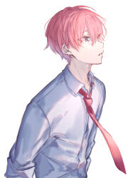 Rule 34 | 1boy, collared shirt, crying, crying with eyes open, facing to the side, looking ahead, male focus, necktie, parted lips, pink hair, purple eyes, readyyy!, red necktie, sanada junnosuke, shirt, solo, tears, white background, white shirt, yoggi (stretchmen)