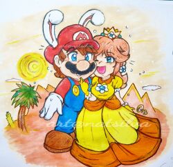 Rule 34 | 1boy, 1girl, blue eyes, breasts, brooch, brown hair, bunny mario, crown, dress, earrings, facial hair, flower earrings, grin, hat, highres, jewelry, looking at another, looking at viewer, mario, mario (series), medium breasts, mustache, nintendo, orange dress, overalls, palm tree, power-up, princess daisy, puffy short sleeves, puffy sleeves, rabbit ears, short sleeves, smile, standing, sun, super mario land, super mario land 2, tree