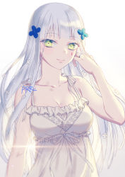 Rule 34 | 1girl, arm at side, arm up, bare arms, breasts, cleavage, collarbone, colored skin, dress, eyes visible through hair, facial mark, girls&#039; frontline, green eyes, hair between eyes, hair ornament, hand in own hair, highres, hk416 (girls&#039; frontline), jewelry, lens flare, lips, long hair, looking at viewer, prrr, ring, sidelocks, smile, solo, sun flare, teardrop, upper body, very long hair, wedding band, white background, white dress, white hair, white skin