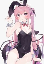 Rule 34 | 1girl, ahoge, animal ears, black hairband, black headwear, black leotard, black wings, blush, bow, bowtie, breasts, commentary, covered navel, demon tail, demon wings, detached collar, fake animal ears, gluteal fold, hairband, head wings, highres, leotard, long hair, low wings, open mouth, original, otintin, pink hair, playboy bunny, pointy ears, purple eyes, rabbit ears, red bow, red bowtie, small breasts, solo, sweat, symbol-only commentary, tail, traditional bowtie, twintails, very long hair, wings, wrist cuffs