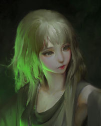 Rule 34 | 1girl, closed mouth, dao trong le, green hair, head tilt, highres, long hair, looking to the side, no pupils, nose, original, red lips, solo