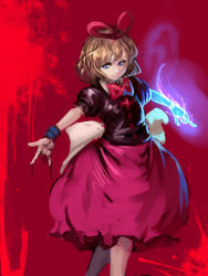 Rule 34 | 1girl, black shirt, blonde hair, blue eyes, blue fire, bow, bowtie, closed mouth, feet out of frame, fire, flaming hand, hair ribbon, inishie kumo, looking at viewer, medicine melancholy, \\n/, pink skirt, puffy short sleeves, puffy sleeves, red background, red bow, red bowtie, red ribbon, ribbon, shirt, short hair, short sleeves, simple background, skirt, smile, solo, standing, touhou, wristband