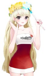 Rule 34 | 00s, 1girl, bare shoulders, black eyes, blonde hair, character request, collarbone, copyright name, dress, holding, korean text, long hair, maplestory, peirasuo, solo, wand, white background
