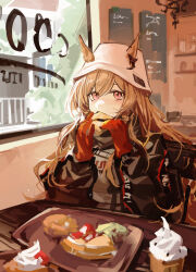 Rule 34 | 1girl, absurdres, animal ears, arknights, black jacket, bucket hat, building, ceobe (arknights), ceobe (unfettered) (arknights), chinese commentary, commentary request, dog ears, ears through headwear, eating, food, fruit, gloves, hat, highres, holding, holding food, ice cream, indoors, jacket, long hair, looking at viewer, menu board, official alternate costume, orange hair, pastry, qingfeng canying, red eyes, red gloves, sketch, solo, strawberry, table, tray, tree, upper body, waffle, whipped cream, white hat, window
