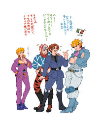 Rule 34 | 4boys, absurdres, argyle, axis powers hetalia, battle tendency, blonde hair, boots, caesar anthonio zeppeli, crossed arms, crossover, double scoop, eating, food, giorno giovanna, guido mista, hair ornament, hand on another&#039;s shoulder, hat, highres, ice cream, index finger raised, italian flag, jojo no kimyou na bouken, long hair, lower teeth only, male focus, midriff, multiple boys, musical note, northern italy (hetalia), pectoral cleavage, pectorals, pointing, smile, teeth, turtleneck, user ghch5355, vento aureo, zipper