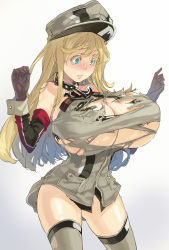 Rule 34 | 10s, 1girl, anchor, anchor choker, bare shoulders, bismarck (kancolle), blonde hair, blush, bottomless, breast expansion, breasts, brown gloves, bursting breasts, cleavage, colored eyelashes, cowboy shot, detached sleeves, gigantic breasts, gloves, gluteal fold, gradient background, grey thighhighs, hands up, hat, highres, huge breasts, kantai collection, long hair, military, military hat, military uniform, muneneko, parted lips, peaked cap, shirt, sleeveless, sleeveless shirt, solo, thighhighs, torn clothes, torn shirt, uniform