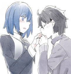 Rule 34 | 1boy, 1girl, ahoge, black-framed eyewear, black dress, black hair, black jacket, blue eyes, blue hair, blush, breasts, ciel (tsukihime), closed eyes, commentary, cross, cross necklace, dress, from side, glasses, habit, highres, jacket, jewelry, kiss, kissing hand, long sleeves, looking at another, looking down, medium breasts, naosuke (morioka shachuu), necklace, nun, open mouth, short hair, simple background, tohno shiki, traditional nun, tsukihime, tsukihime (remake), upper body, white background