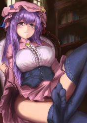 Rule 34 | 1girl, bad anatomy, bad id, bad pixiv id, black thighhighs, blush, bookshelf, breasts, censored, chair, chorin, clothes lift, convenient censoring, corsage, corset, crescent, crossed legs, feet, hat, highres, large breasts, long hair, looking at viewer, no shoes, patchouli knowledge, pink eyes, purple hair, shirt, sitting, skirt, skirt lift, solo, thighhighs, touhou, very long hair