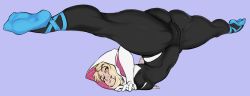Rule 34 | 1girl, ass, blonde hair, blue eyes, bodysuit, breasts, cameltoe, cleft of venus, covered navel, gwen stacy, handstand, highres, looking up, marvel, medium breasts, naughty face, purple background, revision, simple background, soles, solo, spicy bardo, spider-gwen, spider-man: into the spider-verse, spider-man (series), spider-verse, spread legs, thick eyebrows, thick thighs, thighs