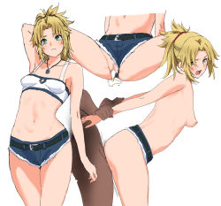 Rule 34 | 1boy, 1girl, blonde hair, breasts, clothing aside, crop top, cum, cum in pussy, dark-skinned male, dark skin, denim, denim shorts, fate/apocrypha, fate/grand order, fate (series), green eyes, highres, interracial, mordred (fate), mordred (fate/apocrypha), nipples, ponytail, sex, sex from behind, shorts, shorts aside, small breasts, zourion