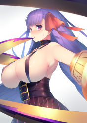 Rule 34 | 10s, 1girl, absurdres, adukikumanoi, armpits, artist request, bad id, bad pixiv id, bare shoulders, blush, breasts, choker, commentary request, fate/extra, fate/extra ccc, fate (series), hair ribbon, highres, huge breasts, kumanoi azuki, long hair, looking at viewer, passionlip (fate), purple eyes, purple hair, red ribbon, ribbon, solo, white background