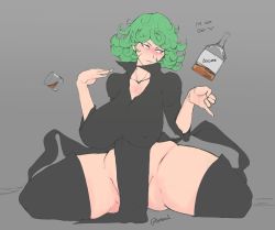 Rule 34 | 1girl, alcohol, alternate breast size, artist name, bad id, bad pixiv id, black dress, black thighhighs, blush, breasts, collarbone, cup, curly hair, curvy, dress, drinking glass, drunk, green eyes, green hair, grey background, highres, huge breasts, no panties, one-punch man, short hair, shot glass, sitting, smile, smoxul, tatsumaki, thick thighs, thighhighs, thighs, wariza