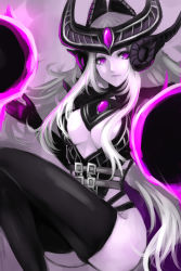 Rule 34 | 1girl, belt, black gloves, breasts, cleavage, colored skin, ear protection, forehead protector, gloves, helmet, highres, kumiko shiba, large breasts, league of legends, long hair, orb, pale skin, purple eyes, purple skin, silver hair, solo, syndra, thighhighs, very long hair