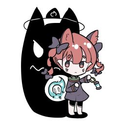 Rule 34 | 1girl, animal ears, bow, cat ears, chibi, dress, full body, hair bow, hitodama, holding, holding lantern, kaenbyou rin, kourihase, lantern, looking to the side, red eyes, red hair, shadow, skull, solo, standing, touhou, whiskers