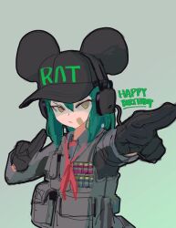 Rule 34 | 1girl, absurdres, animal ear headwear, animal ears, black gloves, brown eyes, closed mouth, fake animal ears, gloves, green background, green hair, grey jacket, hair between eyes, happy birthday, headset, highres, jacket, looking at viewer, medium hair, mouse ears, original, pointing, polilla, pouch, shotgun shell, sketch, solo, upper body