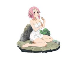 Rule 34 | 1girl, barefoot, breasts, cleavage, collarbone, full body, hair ornament, hairclip, lisbeth (sao), lisbeth (sao-alo), looking at viewer, medium breasts, naked towel, parted lips, pink eyes, pink hair, pointy ears, short hair, simple background, sitting, solo, sword art online, towel, wet, white background, white towel