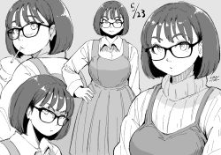 Rule 34 | 1girl, bob cut, dated, drinking, drinking straw, drinking straw in mouth, glasses, greyscale, hadashi no kenji, hand on own hip, monochrome, multiple views, original, pout, short hair, sketch, smile