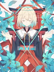Rule 34 | 1girl, blonde hair, blue flower, chroemaguro, closed eyes, commentary request, facing viewer, flower, gradient hair, halo, hands up, highres, japanese clothes, long sleeves, multicolored hair, original, sash, short hair, solo, standing, straight-on, torii, wide sleeves
