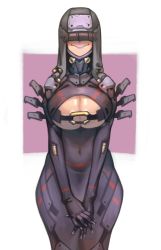 Rule 34 | 1girl, armor, armored dress, belt bra, breasts, brown hair, cleavage, clothing cutout, covered eyes, covered navel, cowboy shot, curvy, dress, facing viewer, fingernails, forehead protector, hair over eyes, hidden eyes, highres, hood, huge breasts, kelvin hiu, lipstick, long fingernails, looking at viewer, makeup, o-ring, original, purple dress, purple lips, science fiction, shoulder armor, solo, underboob, underboob cutout, v arms
