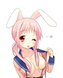 Rule 34 | 1girl, :p, ;p, animal ears, blush, breasts, highres, long hair, looking at viewer, nipples, one eye closed, open clothes, open shirt, piyodera mucha, rabbit ears, shirt, simple background, smile, solo, tongue, tongue out, white background, wink