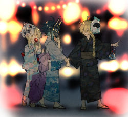 Rule 34 | 1girl, 2boys, aether (genshin impact), ahoge, alternate costume, aqua kimono, blonde hair, blurry, blurry background, braid, brown kimono, candy apple, depth of field, dress, eating, fish, food, full body, genshin impact, hair between eyes, holding, holding another&#039;s arm, holding mask, japanese clothes, kimono, long hair, long sleeves, lumine (genshin impact), maka (morphine), mask, mask on head, multiple boys, open mouth, paimon (genshin impact), sandals, sash, smile, tagme, wide sleeves, xiao (genshin impact), yellow eyes